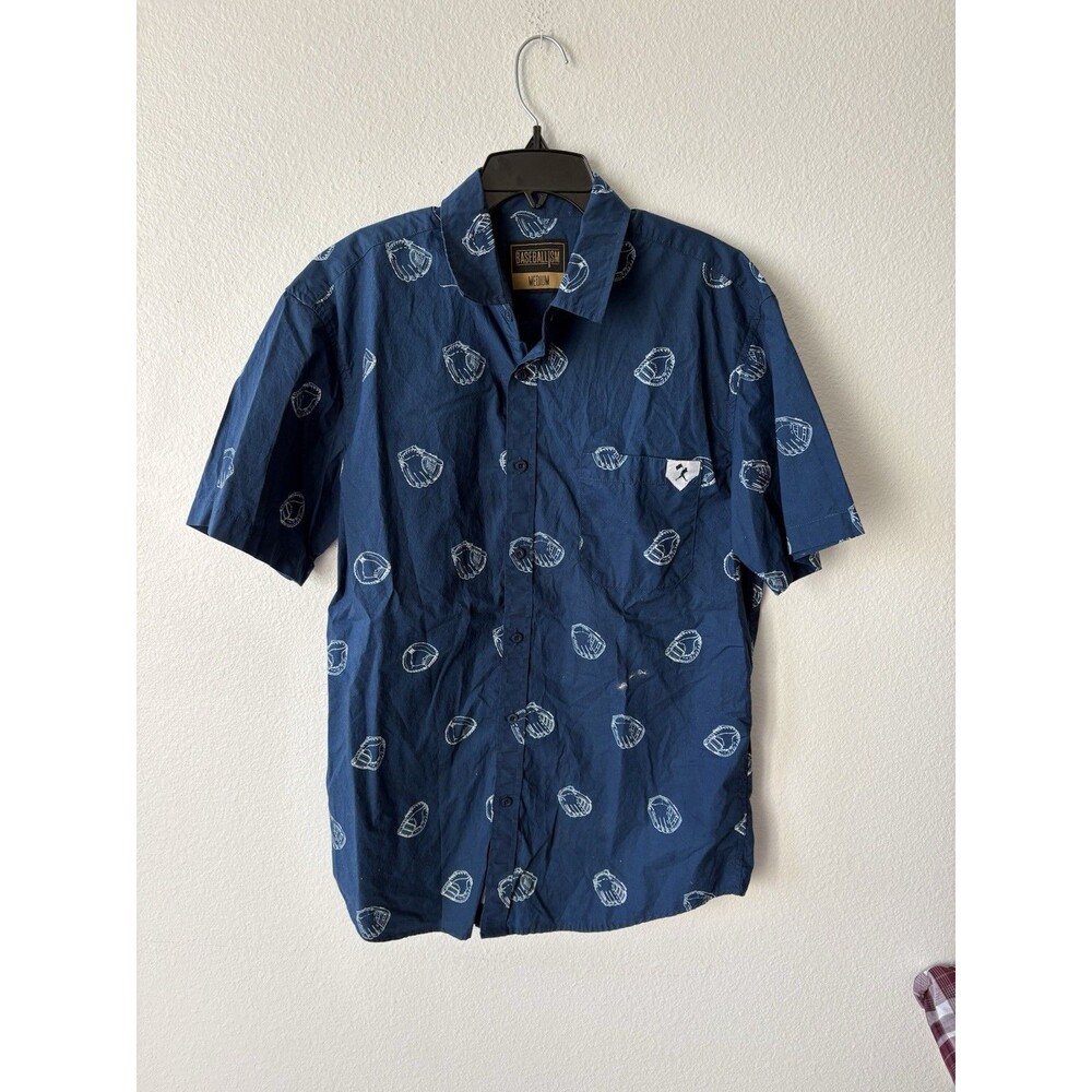 Baseballism Men’s Short Sleeve Button Down Shirt Blue White Glove Graphic Medium - Picture 1 of 4